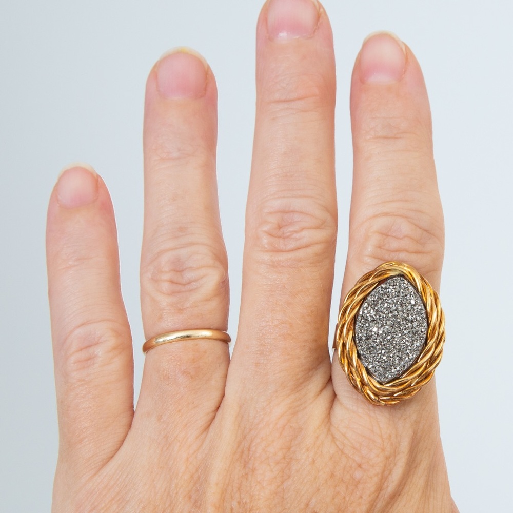 2 tone ring 14K gold Italian made ring platinum druzy quartz Vicenza Gold 10